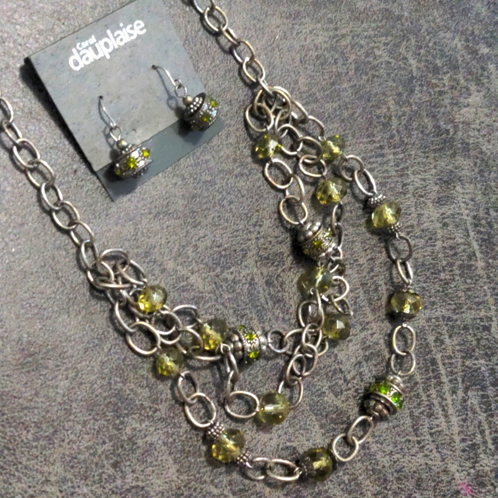NWT Carol Dauplaise Necklace & Earrings Set, Silver & Green, Beads & Chains